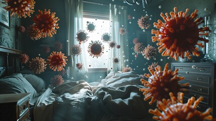 Red virus particles floating in a bedroom - obrazy, fototapety, plakaty