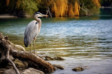 A heron patiently waiting to catch a fish in shallow water.