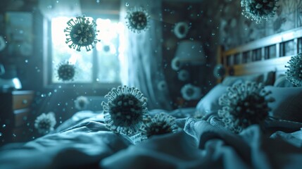 Virus particles and dust floating in the air and landing on a bed.