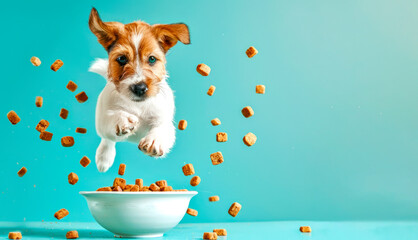 A playful Jack Russell Terrier dog leaps towards a bowl of dry dog food against a vibrant blue backdrop, creating a lively and cheerful scene. Generative AI.