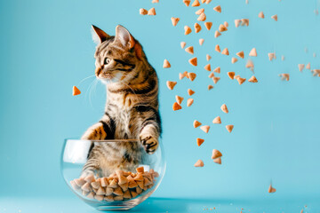 A cat amusingly sits in a food bowl, watching airborne pieces of dry cat food suspended in the air against a blue background. A cheerful image. Generative AI.