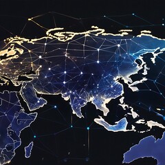 a map of the world with glowing connections between different regions. 