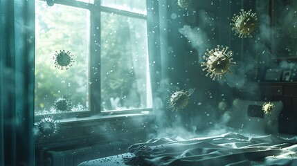 virus particles floating in the air in a room