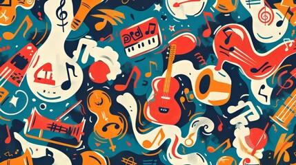 Seamless pattern with music instruments. Music background. Ai generative.