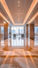 Fototapeta premium Elegant Modern Lobby Interior with Marble Flooring and Panoramic View