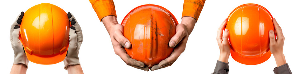 Set of man's hands hold a builder's helmet on a white or transparent background. Close-up of a builder's hands holding an orange helmet. Graphic design element on the theme of construction.