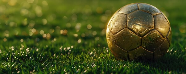 gold soccer ball rests on vibrant green grass, highlighted by the sun's ethereal glow. - obrazy, fototapety, plakaty