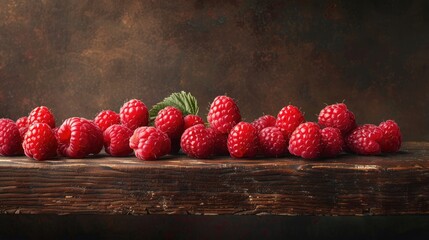 Ripe raspberries arranged on a wooden tabletop against a dark backdrop
