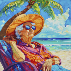 Senior woman in sunglasses and a large hat relaxes on the shore of the Sea in a tropical climate. financial worries in retirement with substantial pension savings. Generative AI.