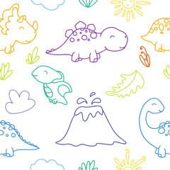 Cute dinosaurs and tropic plants. Funny cartoon dino seamless pattern. Hand drawn vector doodle design for kids. Hand drawn children's pattern for fashion clothes, shirt, fabric. Funny cartoon dino