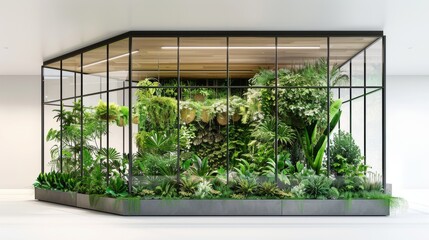 A large glass greenhouse filled with plants and greenery