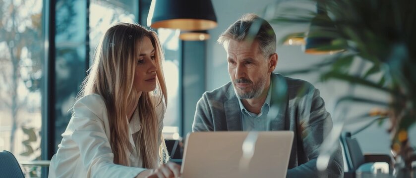 They brainstorm while looking at a laptop. Smart Businesspeople Working in Finance. Business Specialists Work in Teams.