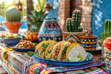 Vibrant cinco de mayo feast with tacos and decor