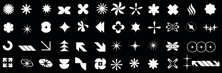 Brutalist vector shape set, white icons, black background, modern design elements, stars, arrows, abstract forms, web, print, branding, website icons