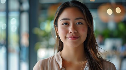 Young Hispanic Woman at Tech Startup Office, Dynamic Background