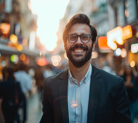Businessman in suit and glasses with beard smiles on modern city street at evening, with blurred crowd background.