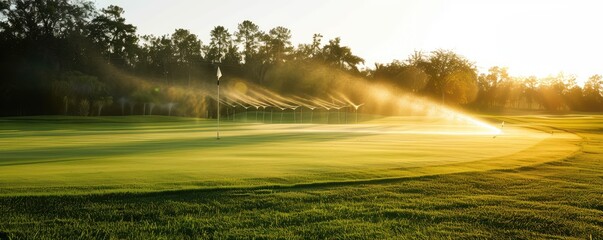 dawn light bathes a golf course, casting long shadows and illuminating the morning mist. banner - obrazy, fototapety, plakaty