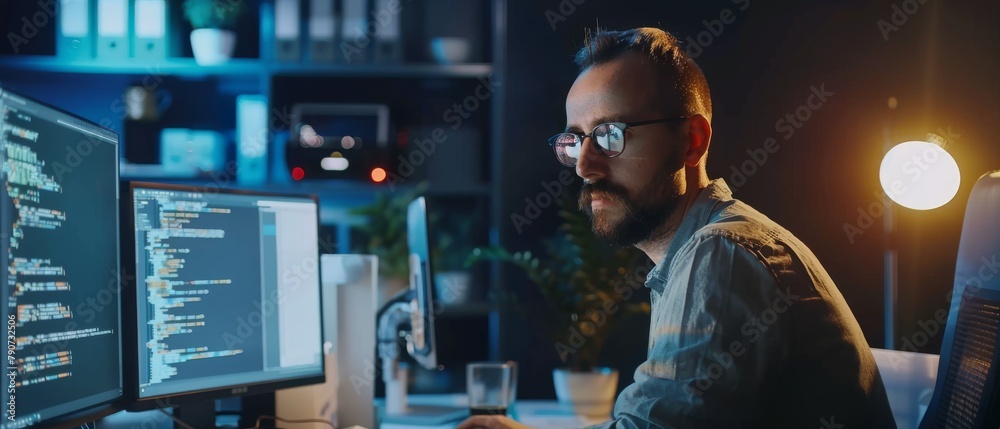 Poster office: it programmer working on desktop computer. male specialist developing apps, programs, video 