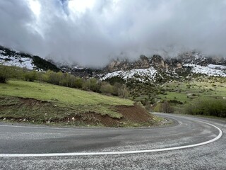 Tseylomsky pass in Ingushetia. A trip uphill to the Tsei Loam pass on a cloudy spring day. Panorama...