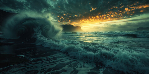 Majestic ocean wave at sunset