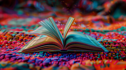 A unique book open on a colorful carpet. 