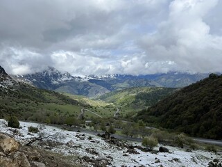 Tseylomsky pass in Ingushetia. A trip uphill to the Tsei Loam pass on a cloudy spring day. Panorama...