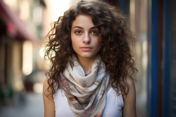 Urban Elegance: Young Attractive Middle Eastern Woman with Curly Hair in a City Setting