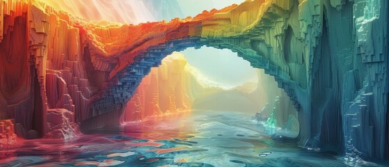 A colorful bridge spans a river in a fantasy world