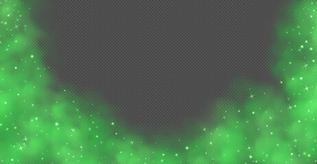 Green magic smoke with stars and sparkles, fog with glowing particles, colorful vapor with star dust. Fantasy haze background. Vector illustration.