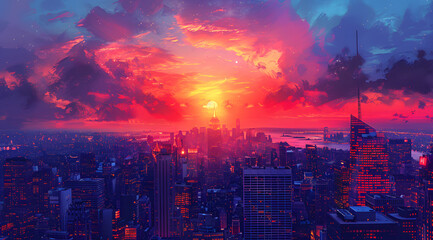 Twilight Glow Metropolis: Watercolor Cityscape with Adjustable Illumination