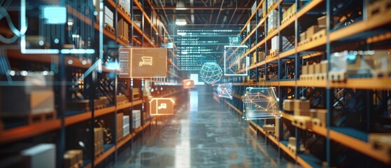 Fototapeta premium The Future of Retail Technology: Digitalization and Visualization of Industry 4.0 Process Analyzing Goods, Cardboard Boxes, Products Delivery Infographics in Distribution Centers.