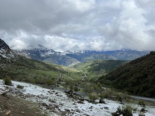 Tseylomsky pass in Ingushetia. A trip uphill to the Tsei Loam pass on a cloudy spring day. Panorama...