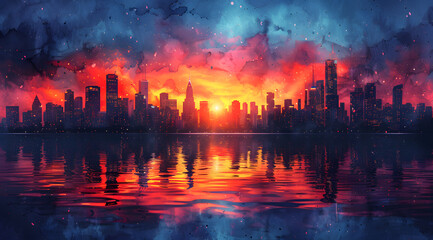Fototapeta na wymiar City Sunset Palette: Watercolor Dusk Scene with Customizable Light Effects