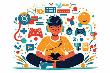 Naklejka premium Young man playing video games with headphones