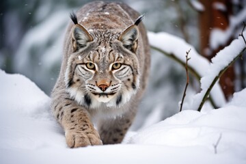 Fototapeta premium A lynx stealthily stalking through the snow for prey.