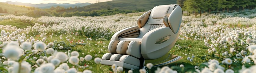 A white chair is sitting in a field of flowers