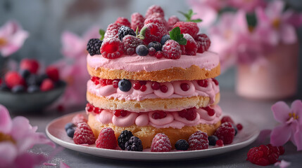 Exquisite Berry Layered Cake on a Table with Spring Blossoms - obrazy, fototapety, plakaty