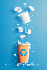 Plastic pieces fall into a disposable plastic cup marked with a recycling symbol, symbolizing material recycling. Plastic can be used to create a new cup. Generative AI.