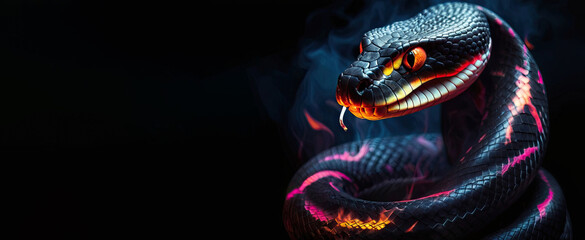 A snake with neon patterns in smoke on a black background