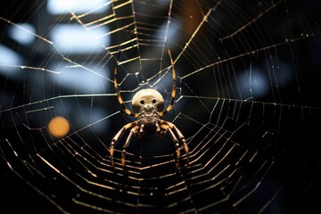 A spider building an intricate orb web to catch flying insects. - obrazy, fototapety, plakaty