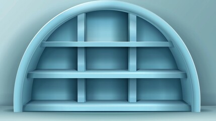 Round niche divided in half by shelf. Modern realistic illustration of a modern home or office, art gallery wall with creative bookshelf, abstract platform for displaying products.
