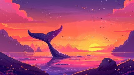 Illustration of a whale tail on the seashore on a sunset. Humpback fin swimming in ocean water with mountains in the background graphic landscape perspective. Birds on purple pink skyline outdoor