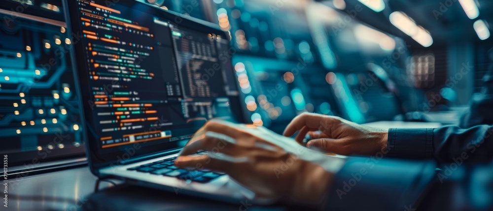 Poster using a digital laptop computer as a data center programmer, it specialist, working on cyber securit