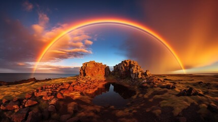A Stunning Double Rainbow Over Ancient Ruins at Sunset