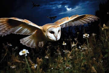A barn owl hunting for rodents in a moonlit field.