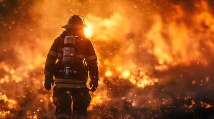 Brave Firefighter in Action Against Raging Flames at Sunset - obrazy, fototapety, plakaty