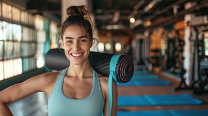 Beautiful woman with yoga mat standing smiling looking at camera ready for class at gym - obrazy, fototapety, plakaty
