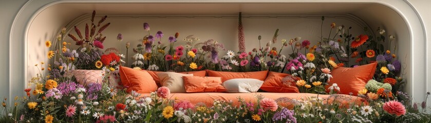 A colorful flower bed with a couch and pillows
