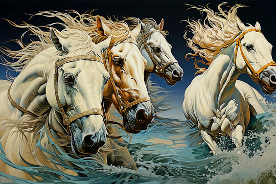 White horses running wild in the sea waters
