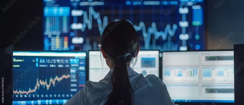 Poster an engineer works in a modern monitoring room with a tv broadcasting a live analysis feed with chart